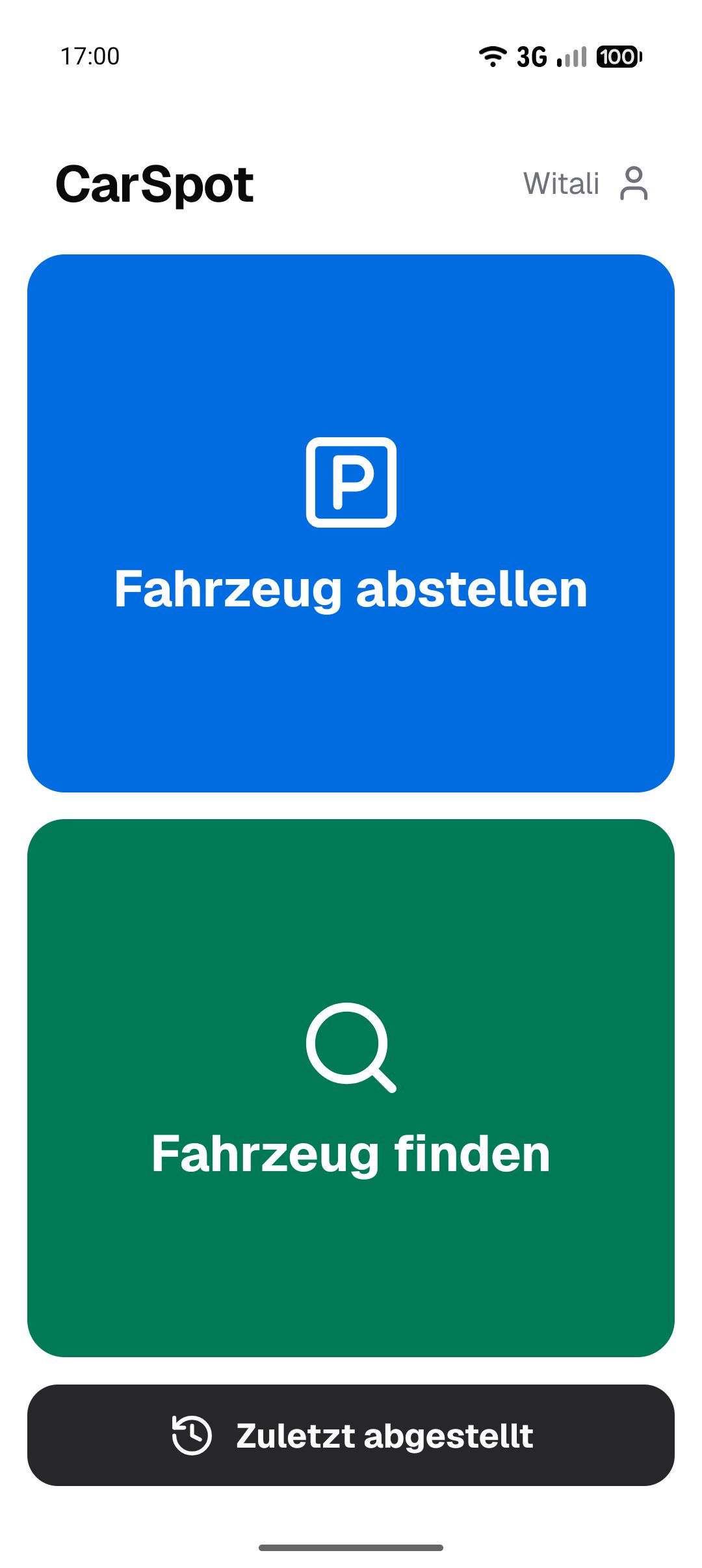 Startbildschirm der Anwendung mit den Schaltflächen Fahrzeug abstellen und Fahrzeug finden